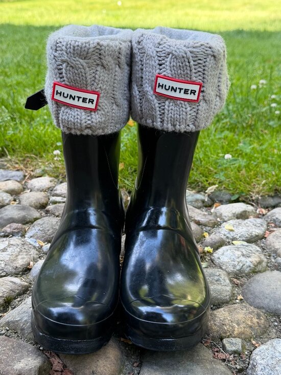 Hunter Shoes - Hunter Black Rain Boots with Gray Cable Knit Cuffs Size 7 11" Tall